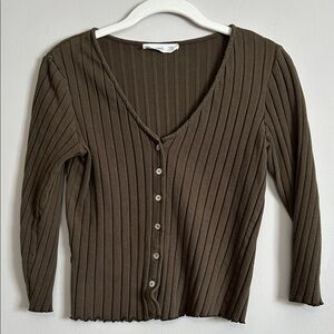 MNG S Brown Ribbed Abalone Button-Up 1/2 sleeve Cardigan knit lightweight top